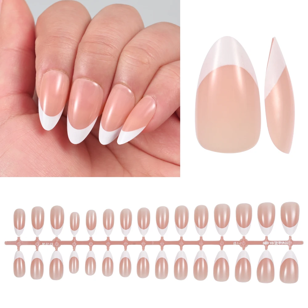 150Pcs Almond French Fake Nails Simple Oval False Nails Press on Nails White Edge Design Wearable DIY Full Cover Artificial Nail