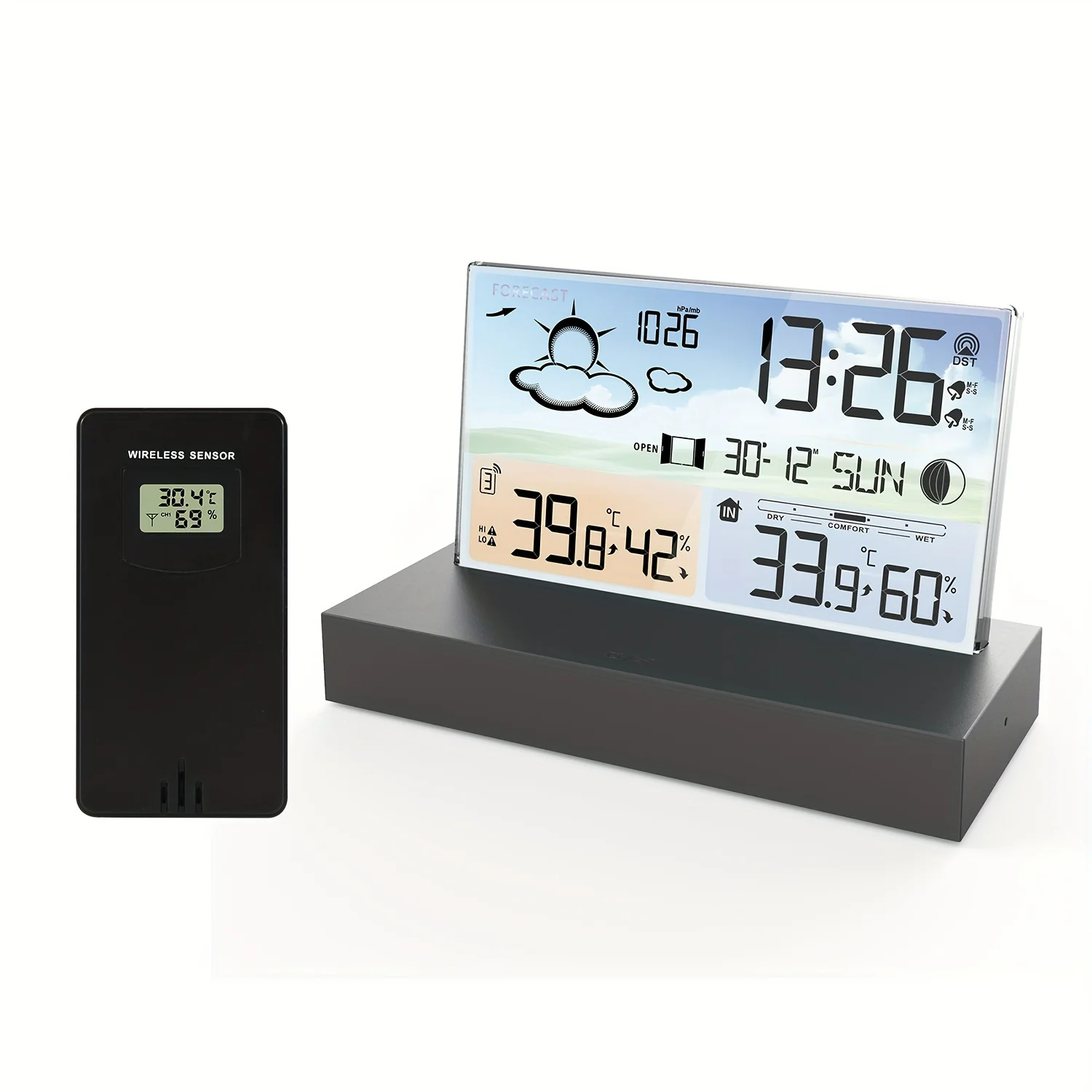 1pc, Transparent Glass Weather Thermometer Clock Color Screen RF Wireless Multi- Weather Forecast Indoor Outdoor Thermometer Ele