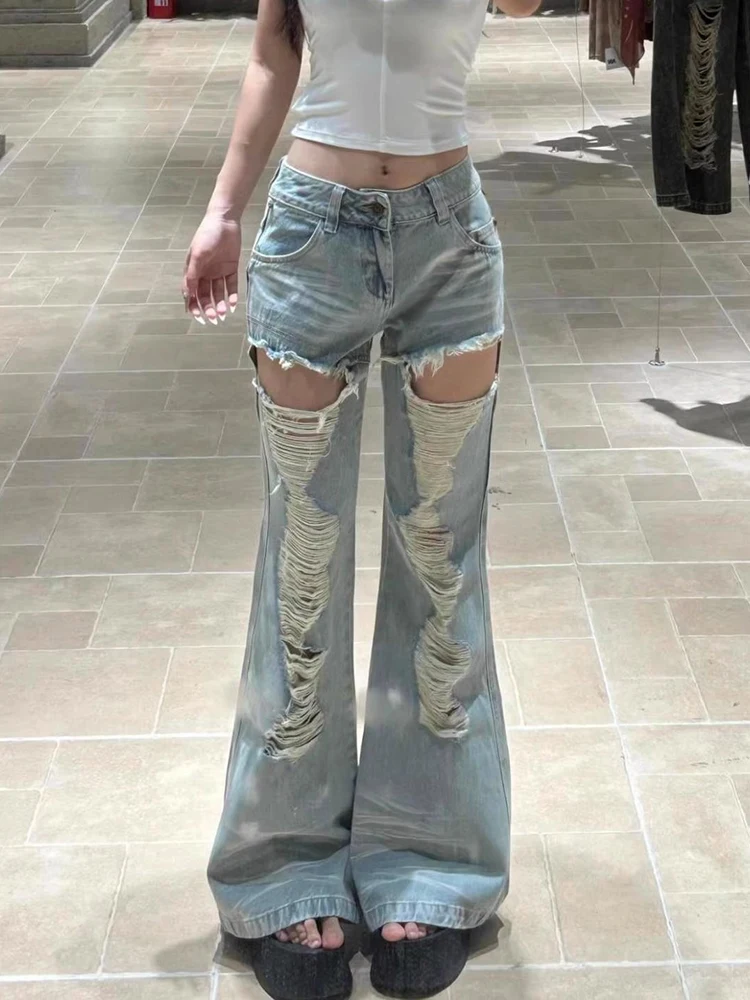 

Y2K американские потертые рваные джинсы в стиле ретро, женские облегающие слегка расклешенные длинные брюки, модные утягивающие джинсовые брюки