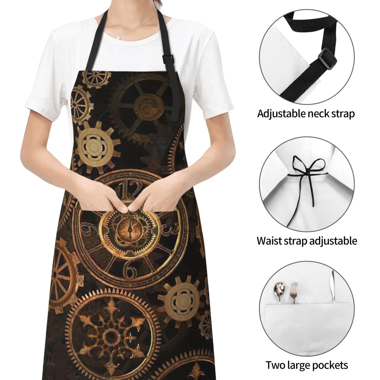 Gears Clock Bronze Century Kitchen Chef Apron, Adjustable Waterproof Apron With 2 Pockets, Used For Barbecue And Cooking