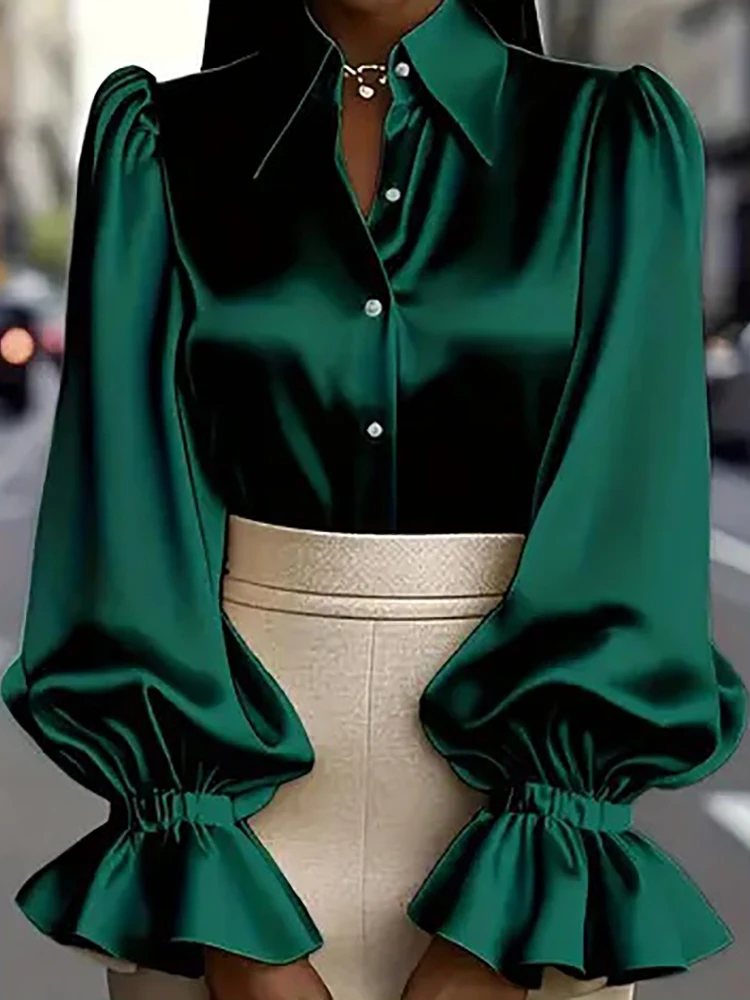 

Весенне-осенние шикарные блузки с отложным воротником, женские праздничные повседневные топы с длинными рукавами, однотонные свободные лоскутные женские рубашки на пуговицах