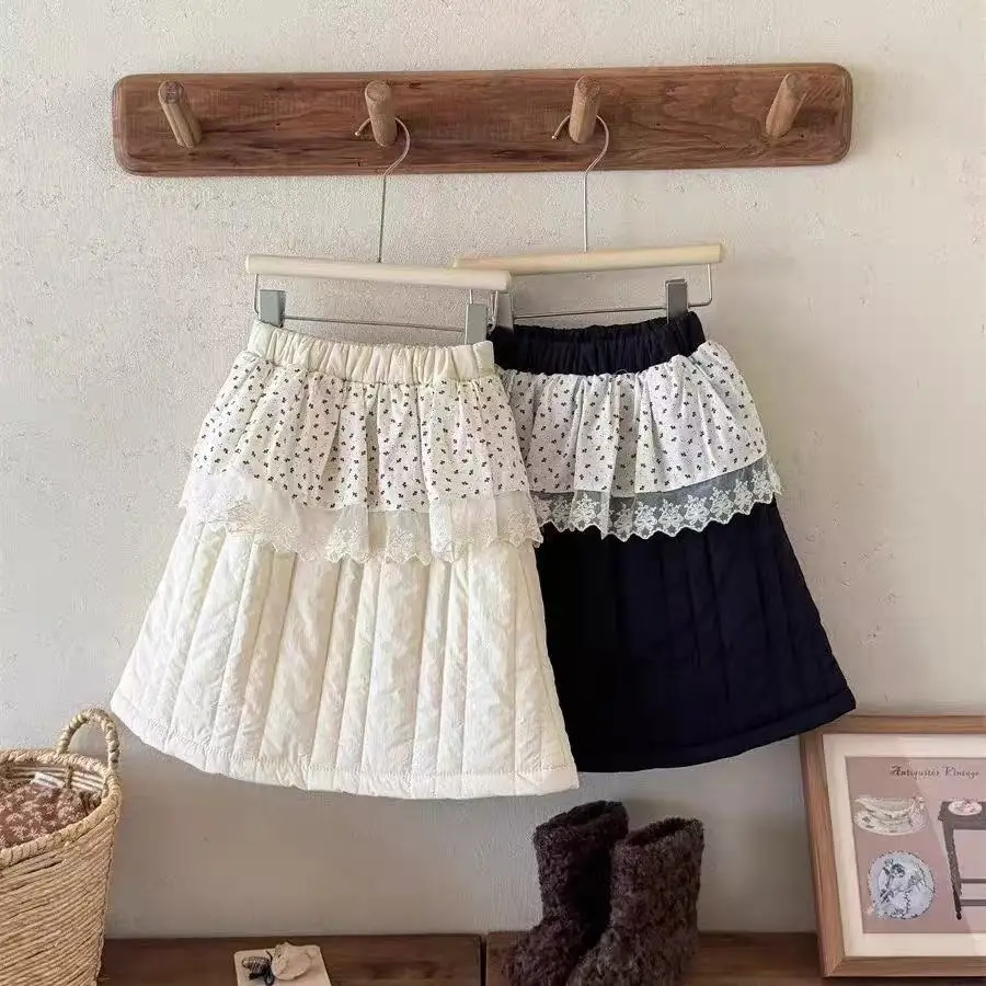 Winter 2026 New Arrival Korean Fashion Kids Girls High Waist Floral Print Lace Edge Quilted Warm Skirt 90-140cm