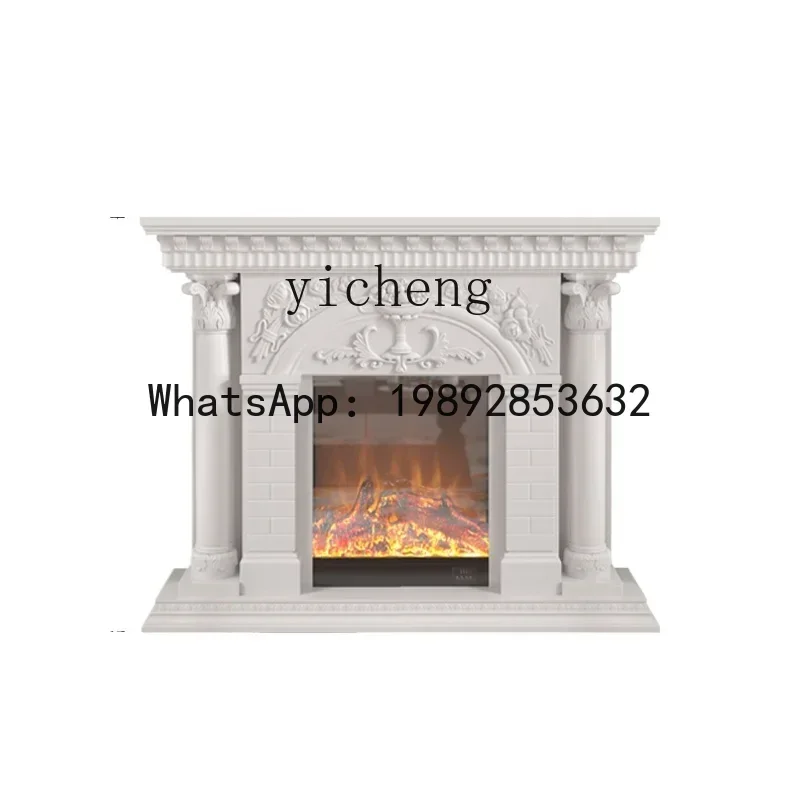 LYY  Solid Wood Electric Fireplace Curio Cabinet Carved White Heating Fireplace Mantel Stove