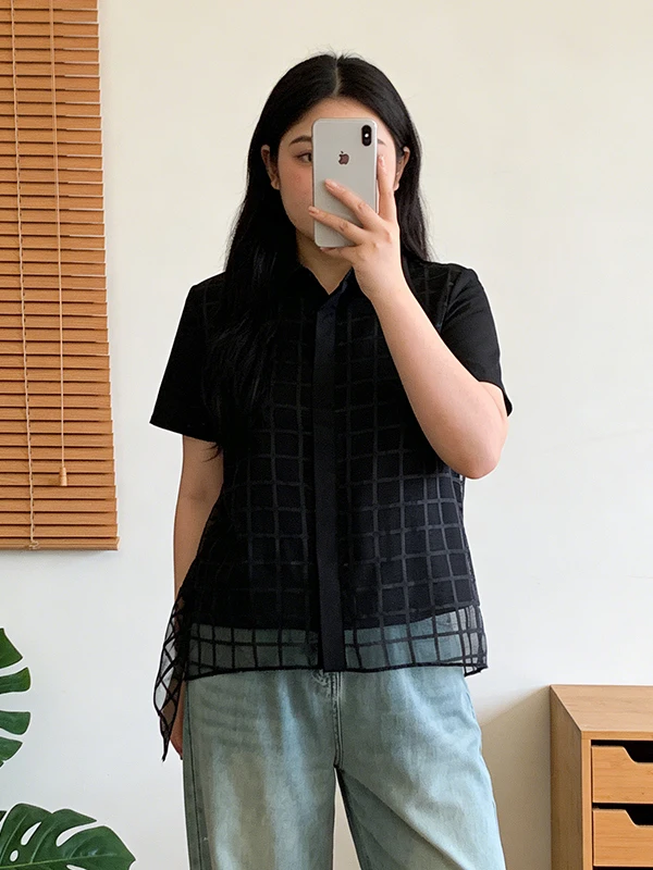 

plus Size Summer Shirt Women's Slimming Mesh Splice Asymmetrical Hemline Belly Concealing Short Sleeve Korean Style Top