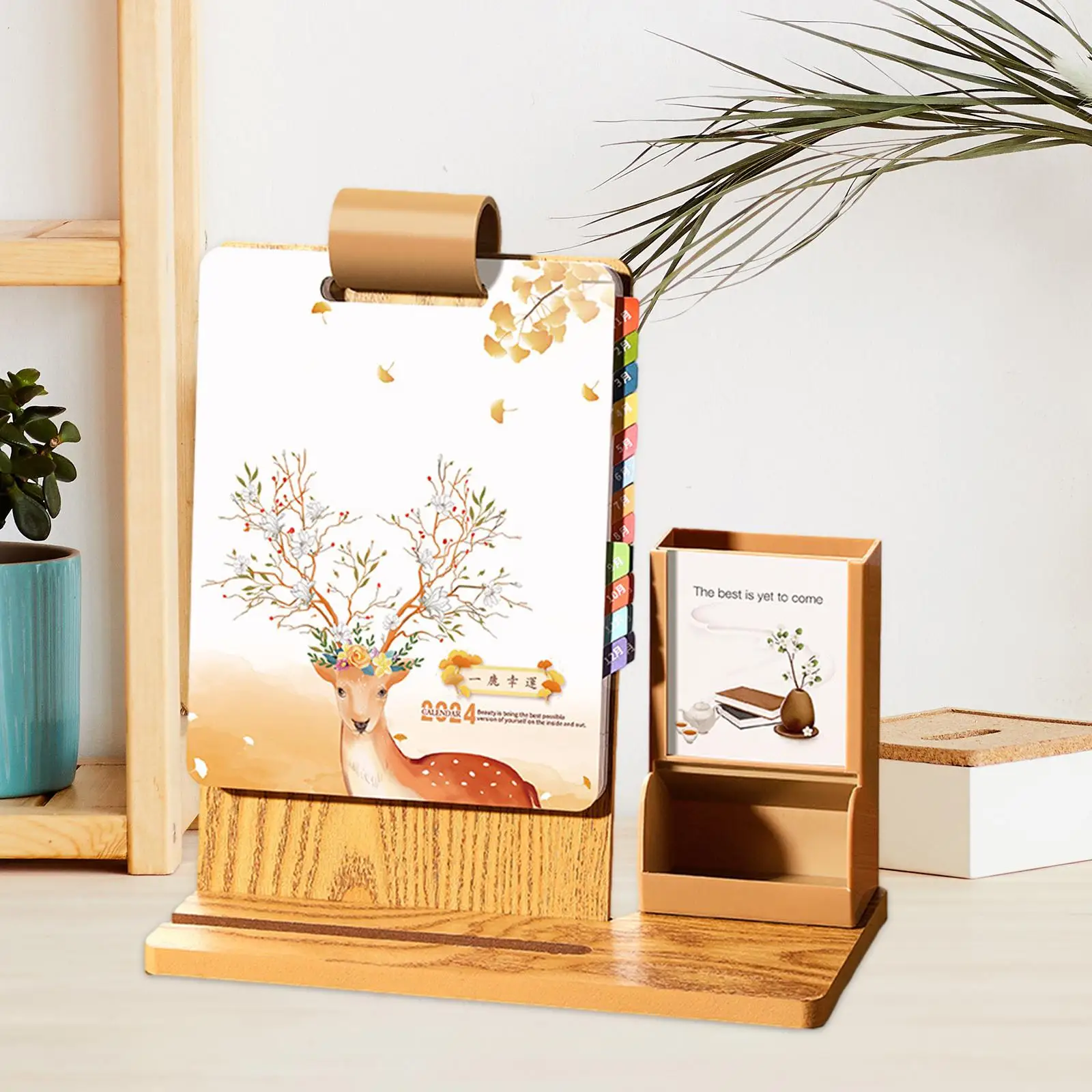 Маленький настольный календарь 2024 с держателем для ручек, держатель для телефона, флип-календарь из дерева, настольный календарь из толстой бумаги, памятные страницы, стоячий флип