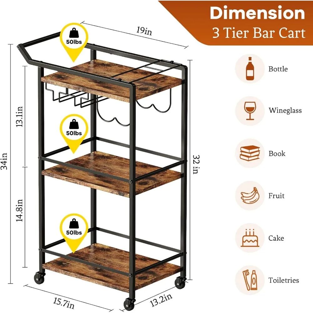 รถเข็นบาร์3ชั้นรถเข็นสำหรับไวน์ขนาดเล็กปฏิบัติได้สำหรับไวน์เครื่องดื่มเย็นรถบริการเครื่องดื่มกาแฟไวน์แบบกลิ้ง