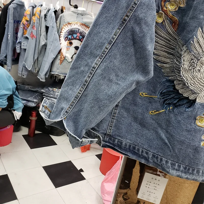 가을 패션 자수 크레인 데님 자켓 코트 여성 느슨한 학생 겉옷 블랙 블루 청바지 자켓 여성 Chaquetas Mujer