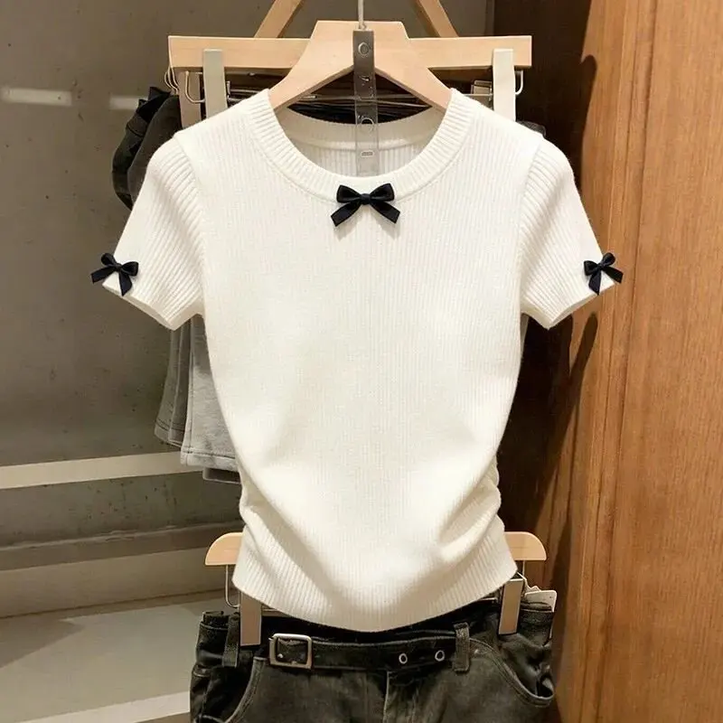 

Sweaters Fashion Summer O-Neck Knitted Sweater Women Pullovers Short Sleeve Bow Knit Sweater Pullover Women Tops Knitwears Q3793