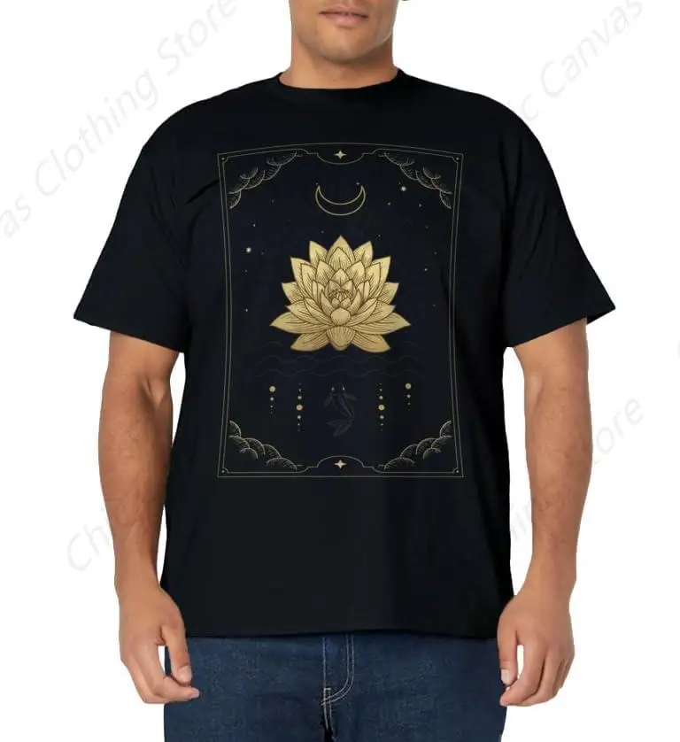 Lotus Blooms On The Water Surface Moon And Fish Tarot Card Printed T-Shirt Fashionable Shirt Pure Cotton Casual T-Shirt