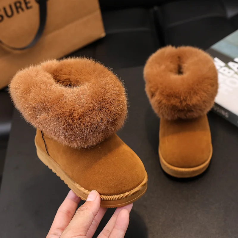 

Autumn Winter Children Fleece Short Cotton Boots Warm Raw Edges Girls Snow Boots Boys Comfortable Cotton Shoes Kids Solid Color
