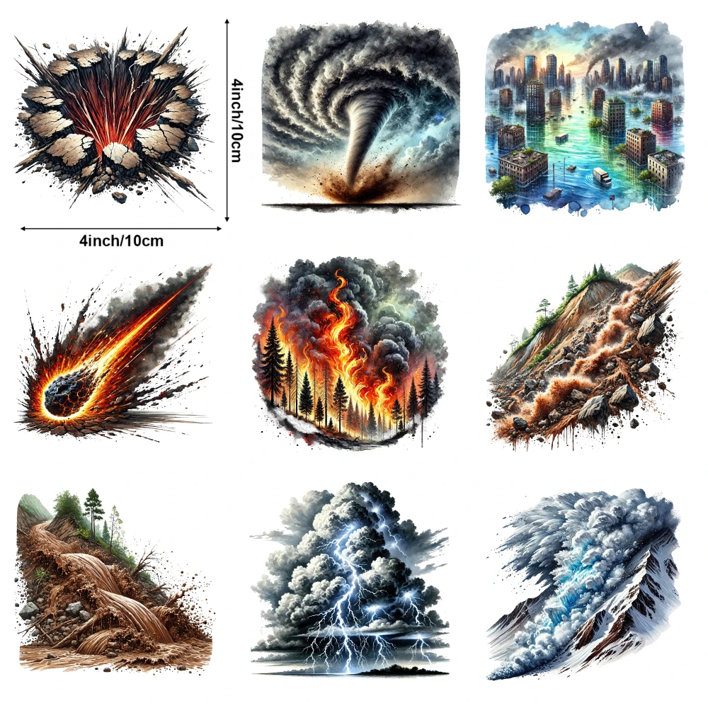 9 Pcs Natural Disasters Iron on Transfers Iron on Decals for T Shirts iron on decals Press Washable Stickers DTF Transfers
