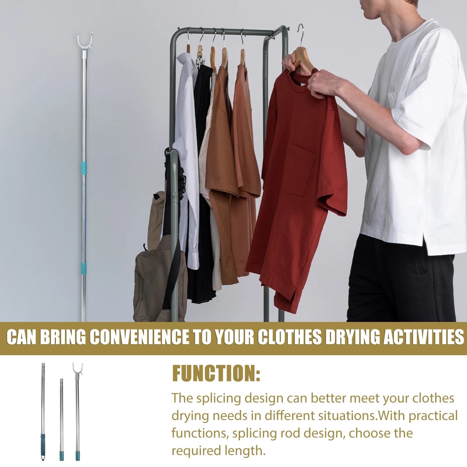 

Adjustable Clothes Drying Pole Splicable Metal Rod for Home Wardrobe Reaching Clothes Hanging Convenient Living Room Essential