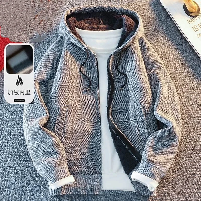 

Knitted Men's Jacket, Loose and Warm Sweater, Men's Hooded, Autumn and Winter with Thick Velvet Cardigan, All Match Top