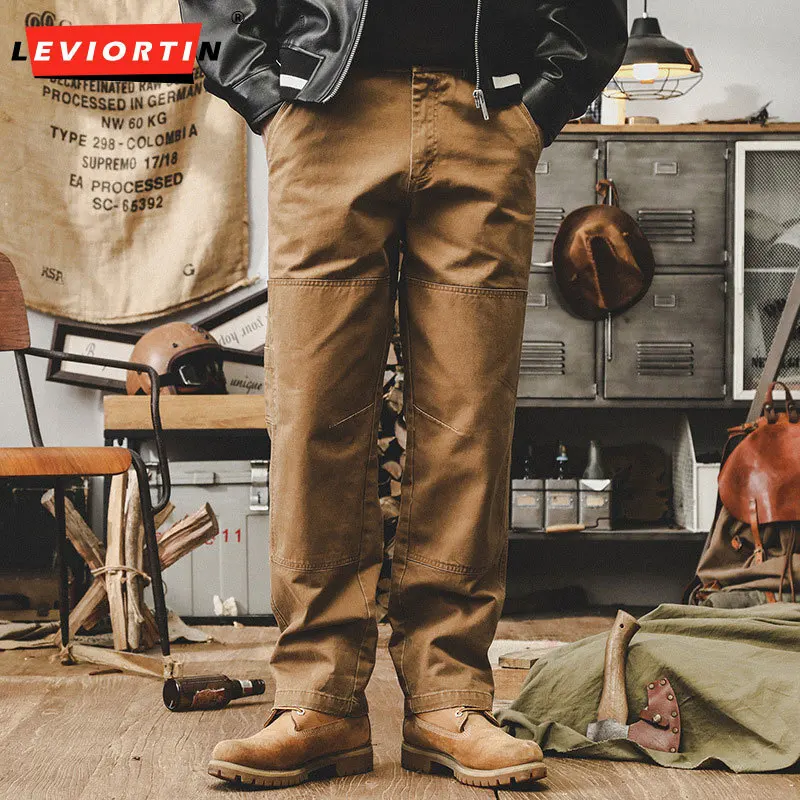 New Autumn Men's American Retro Simple Elastic Waist Design Loose and Durable Non Ironing Knee Cutting Straight Leg Casual Pants