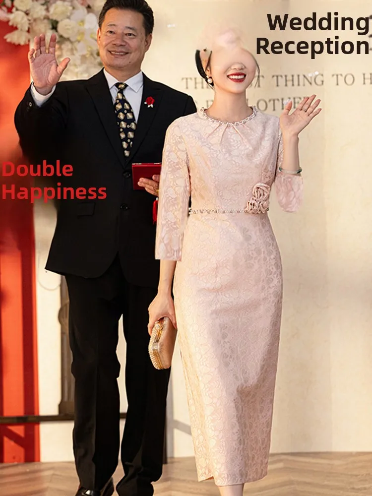 

Розовое свадебное платье для молодой мамы, вечернее платье класса люкс, модная зимняя одежда в корейском стиле с жемчужной отделкой