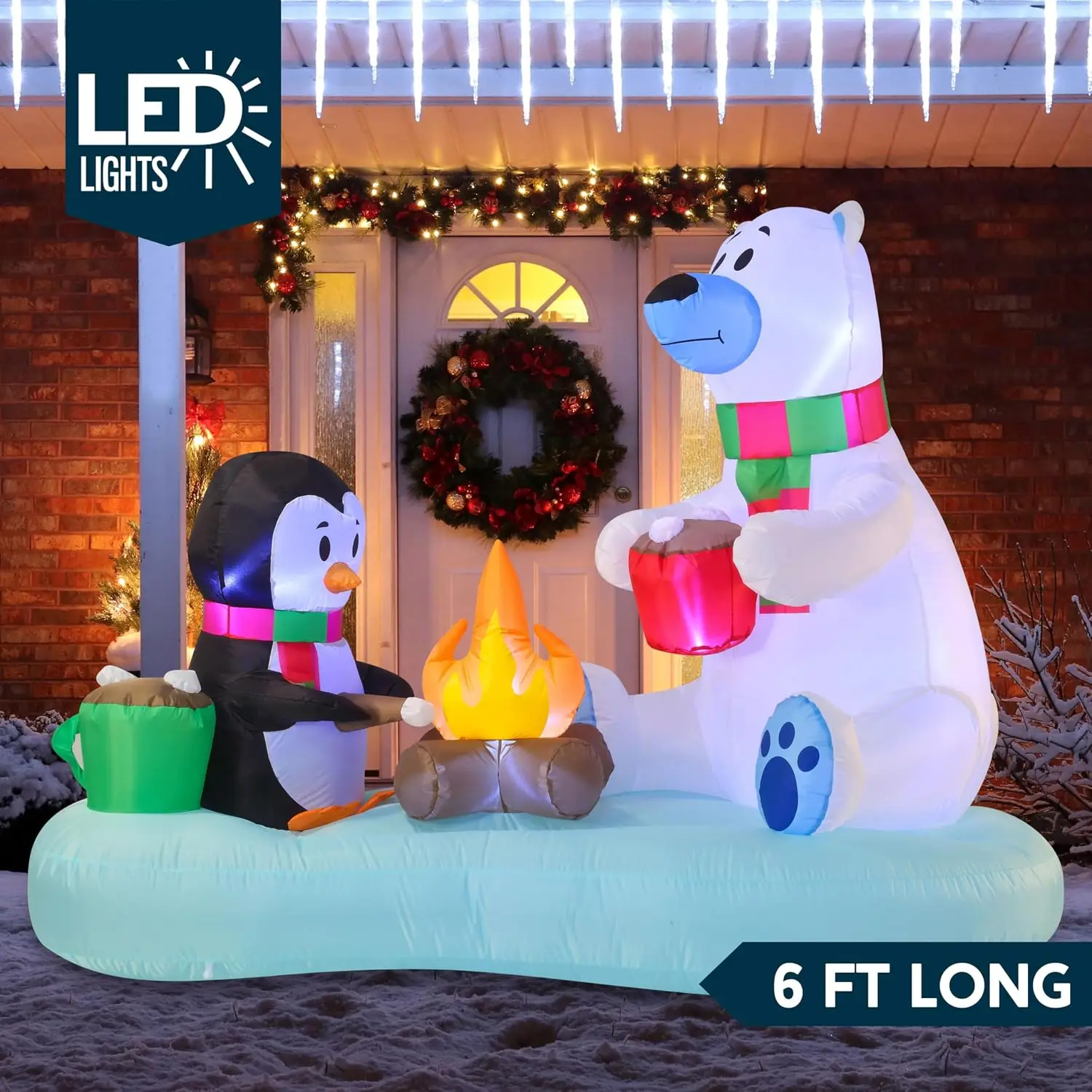 Christmas Inflatable 6 FT Long Polar Bear And Penguin with Campfire Decoration Blow up Yard Outdoor Holiday Decorations