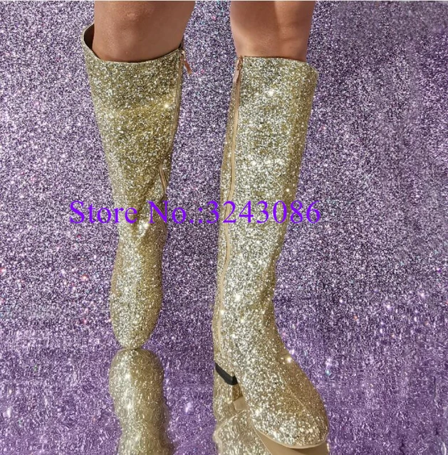 Gold Glitter Bling Bling Flat Lady Knee High Boots Fashion Woman Long Boots Large Size Female Winter Shoes Dropship AliExpress