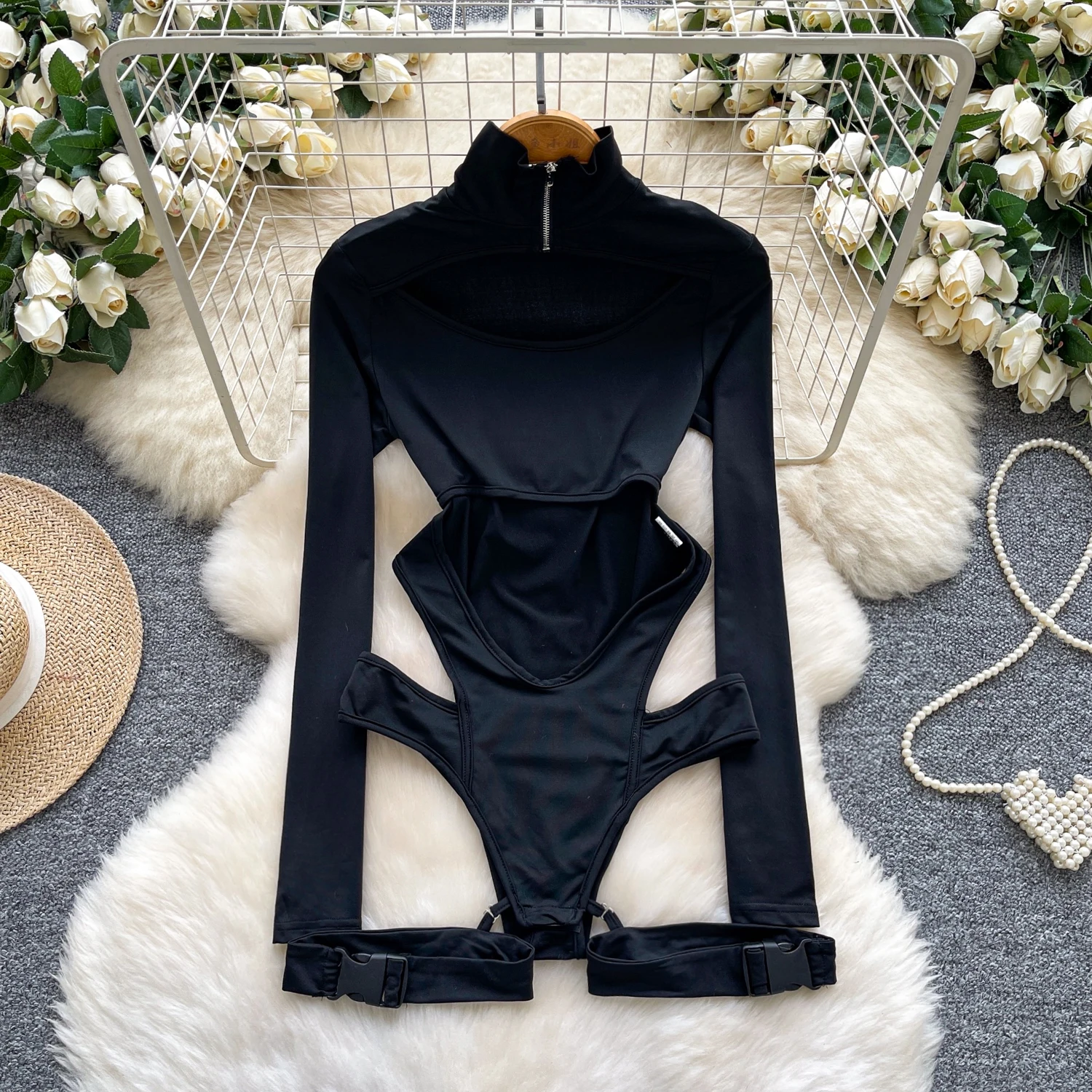 

Hotsweet Elegant hollow out zipper Bodysuits Straps Top Sexy Streetwear High Street Autumn Winter Jumpsuit