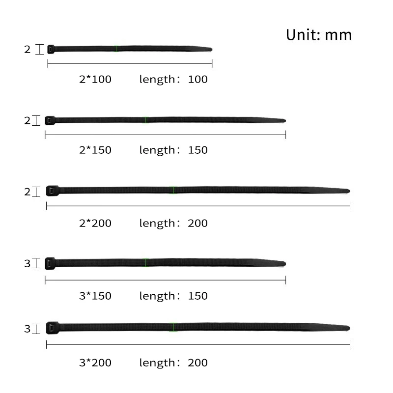 黒と白のプラスチック製ケーブルタイ,幅100個,2mm,3x100mm,3x200mm