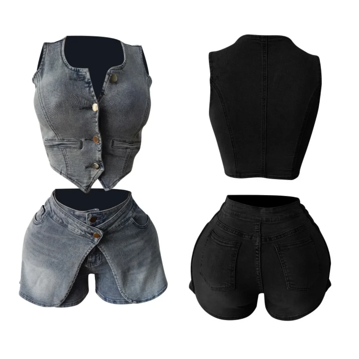 Denim 2 Piece Sets Women Short Pants Vest Outfits 2026 Sleeveless Tank Top Sexy Party Night High Waist Shorts Suits Ensemble