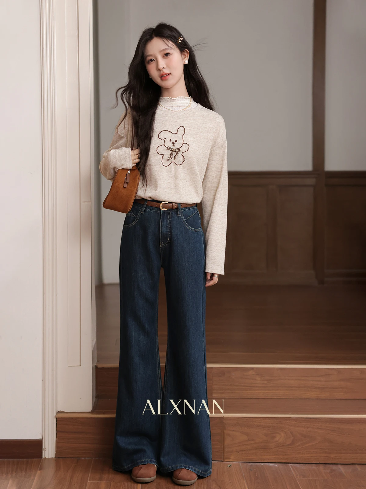 

ALXNAN Vintage Blue Jeans Women Wide-leg Straight Cotton Baggy Jeans 2025 Autumn Office Lady Loose-fit Casual Denim Pants L57135