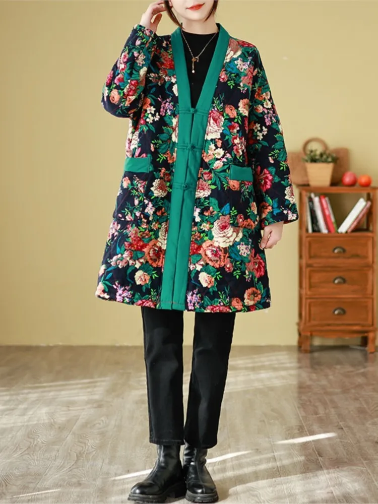 Winter Padded Cotton Furry Midi Coat Women Ethnic Style Modis Floral Flower Print Ladies Jackets Long Sleeve Woman Jackets Coats