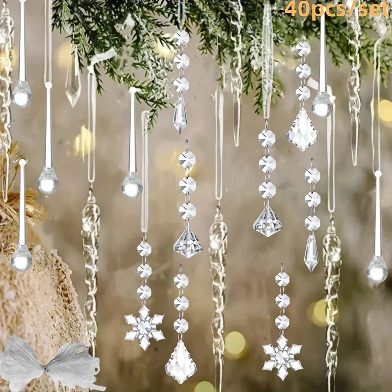 40 Piece Crystal Christmas Decoration Set - Acrylic Beads, Icicles, Drip Tree Ornaments, Suitable For Winter Fairyland