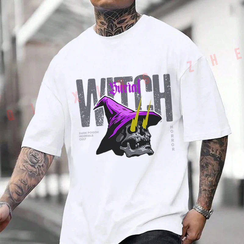 Witch Skull Graphic Motorcycle Printed T-Shirt Men's Fashion Short Sleeve Exquisite Design Essential Top Tees 4