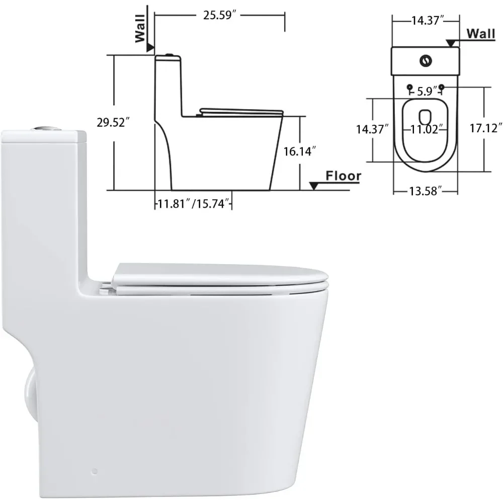 Dual Flush Elongated Standard One Piece Toilet with Comfortable Seat Height, Powerful & Quiet Dual Flush Modern Toilet Glossy