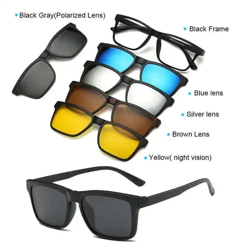 Imagen 2 del producto Brightzone nuevo 5 + 1 traje de moda Clip en gafas de sol amarillas monturas de mujer gafas magnéticas hombres gafas 6 en 1 lente transparente