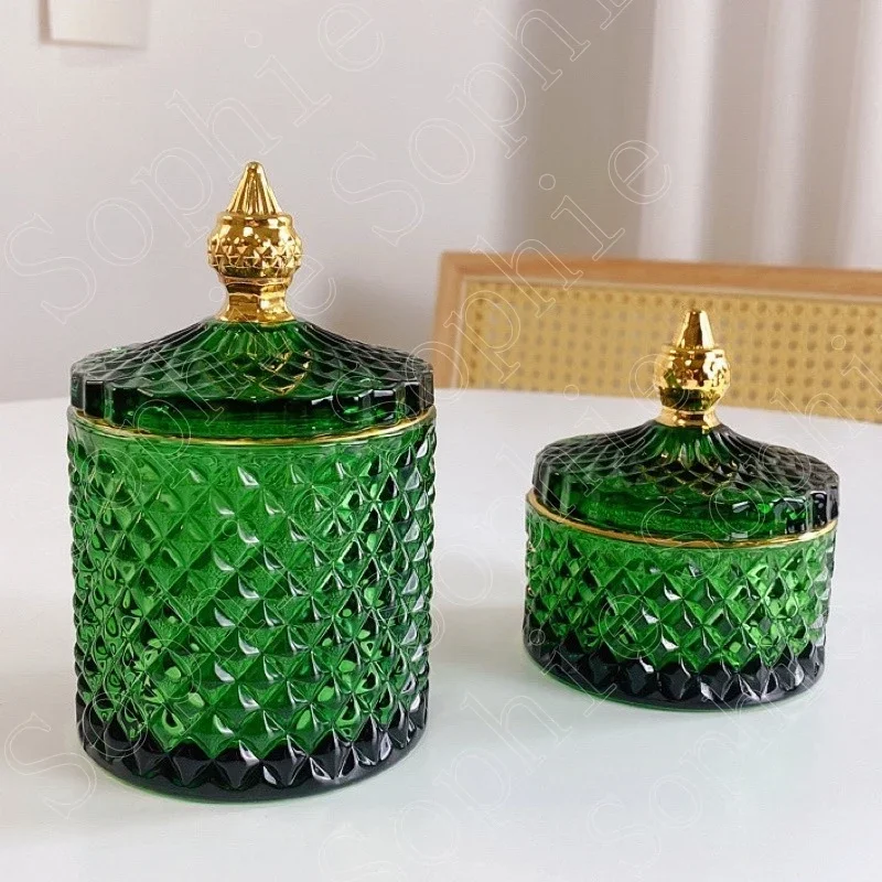 

Retro Dark Green Jewelry Jar Glass Golden Storage Box Glass Jar Cotton Swab Jars Gold Storage Jars Bottle Nordic Style Container