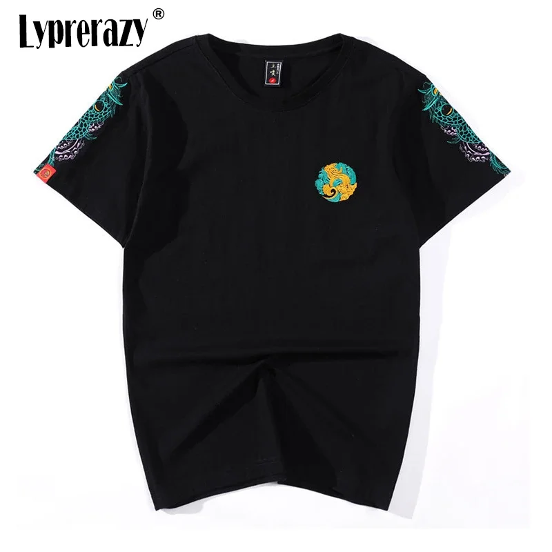 Lyprerazy Streetwear Dragon Embroidery T Shirt Men Hip Hop Cotton O-neck Chinese Style Mens Summer T Shirt Casual Harajuku Tee