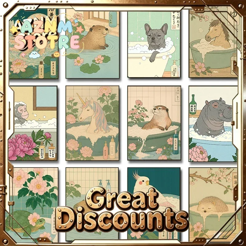 Quirky Bathroom Cute Animals In A Shower Posters Japanese Style Relaxing Artwork Prints Canvas Wall Pictures Home Bathroom De