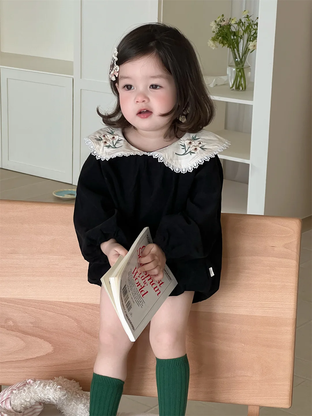 Bodysuit Kerah Bordir Bunga Bayi Perempuan Baru Musim Semi 2025 Jumpsuit Katun Bayi Baru Lahir Lengan Panjang Pakaian Putri Balita 0-24M