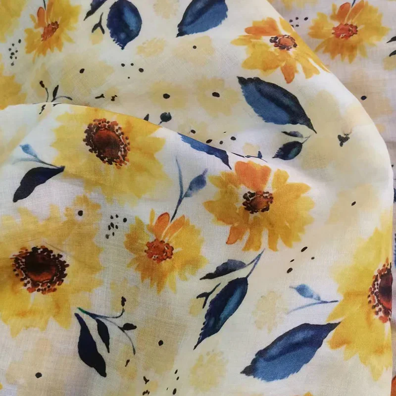 

HGH high quality natural pure ramie sunflower flower lady cloth printed dress robe long summer thin DIY hand sewing 2024 50cm