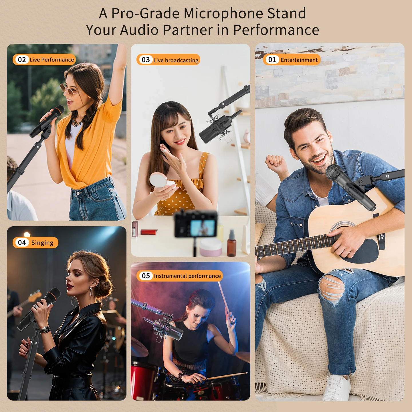 Aluminum alloy telescopic microphone holder universal, suitable for 3/8 inch or 5/8 inch screw height adjustable