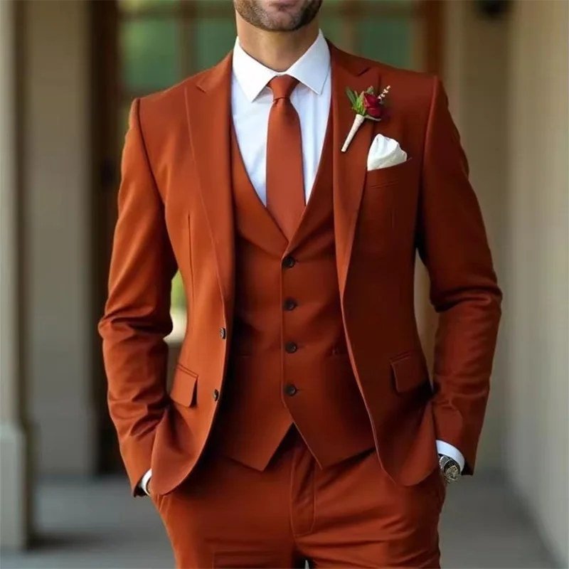 

Elegant Men's Suit Slim Fit Wedding Suit Orange Groomsmen Suit for Men Events Dinners Groom Tuxedo Tailored (Jacket+Vest+Pants)
