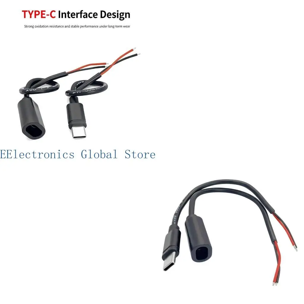 462B USB C Solderable Power Pigtail Pair with Solder-Ready Red and Black Ends, Male and Female USB C Ends, and