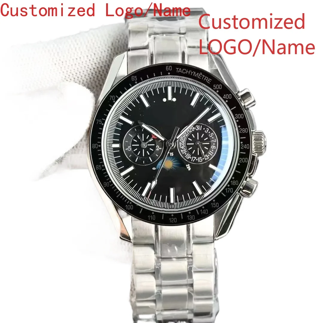 Роскошные автоматические механические часы MoonPhase из нержавеющей стали, черный, синий, керамический безель, сапфировое стекло, 42 мм по индивидуальному заказу