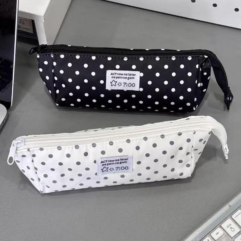Stylish Polka Dot Large Capacity Zipper Pencil Pouch Perfect For School Office Stationery Storage Supplies Bag