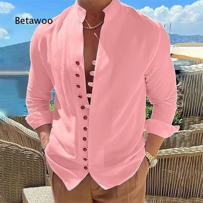 Men Mandarin Collar Knit Long Sleeve Shirt Decorative Button Front Open Casual Beach Party Outerwear Top