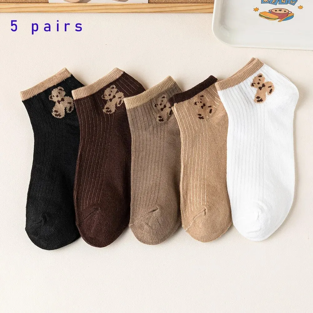 5 Pairs of Cute Teddy Bear WOMEN\'S Short Socks with Shallow Mouthed Spring and Summer Casual Matching Short Tube Boat Socks