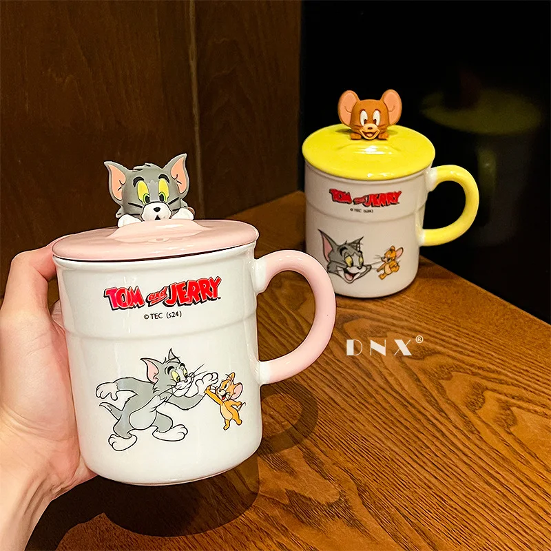 Tom and Jerry Cute Cartoon Ceramic Coffee Cup Kawaii 400ML With Cover Water Cup Lovely Periphery Home Decor Room Decoration Gift