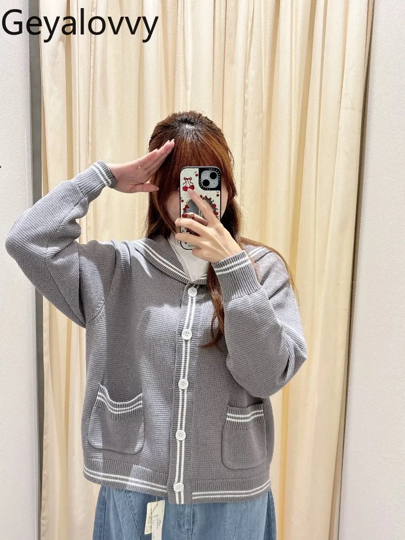 

Новый весенний универсальный вязаный кардиган в японском стиле с матросским воротником, длинными рукавами и однобортной застежкой для девочек