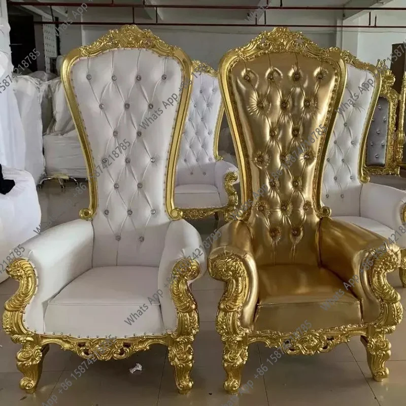 Factory price wood carvings luxury wedding trone chair bride and groom cheap high back golden king royal crown throne cha