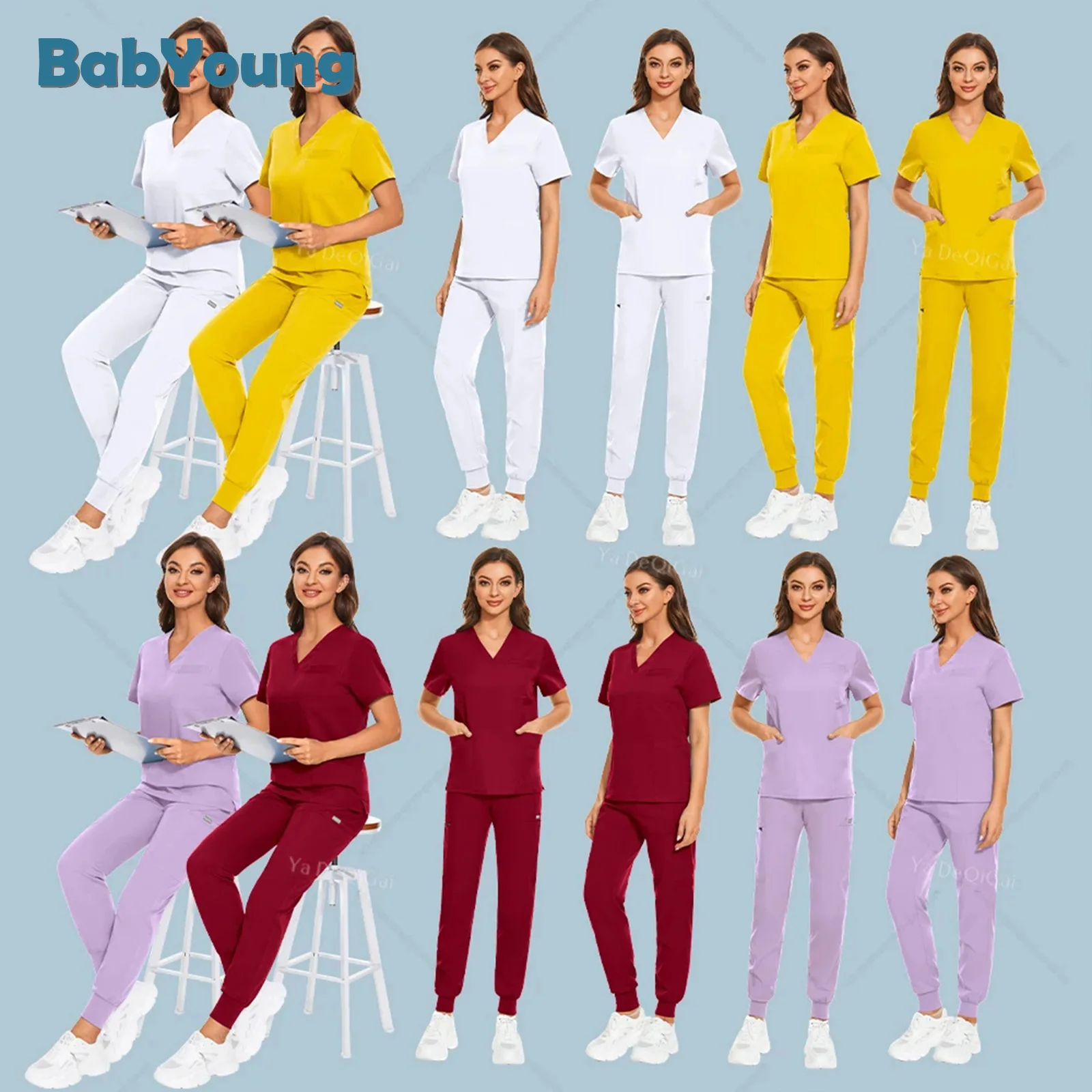 Uniformes médicos para mulheres, Scrubs Tops, corredores, calças, acessórios da enfermeira, hospital, clínica odontológica, salão de beleza, spa workwear roupas