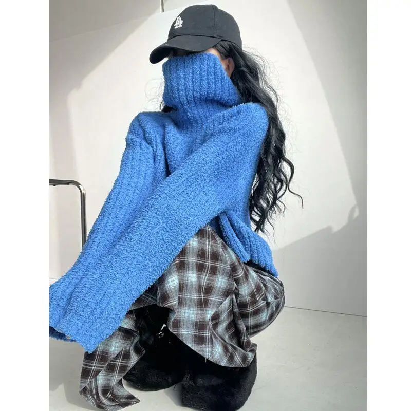 

Свитер трикотажа женский французский шикарный ретро с высоким воротом толстый свободный короткий свитер с открытыми плечами женский осенне-зимний повседневный однотонный