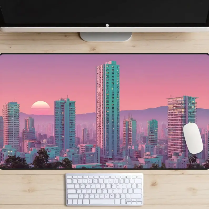 City Skyline Deskmat, Pink Sunset Deskmat, Urban Landscape Desk Mats,Synthwave Landscape Mouse Pads,80s Pop Art Style Laptop Mat