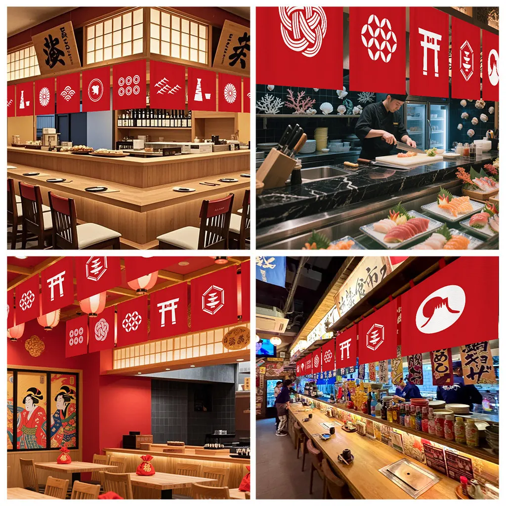 Customized Japanese Restaurant Small Flag Curtain Self-Service Seafood Grilled Torii Pub Door Ceiling Decorative Short Curtain