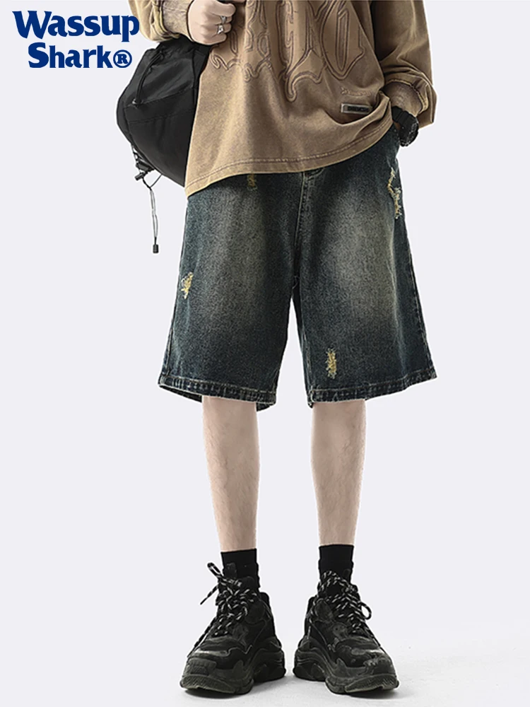 

Мужские джинсовые брюки Wassup Ark в американском ретро-стиле, летние, модные, рваные, повседневные, длиной до колена, для подростков